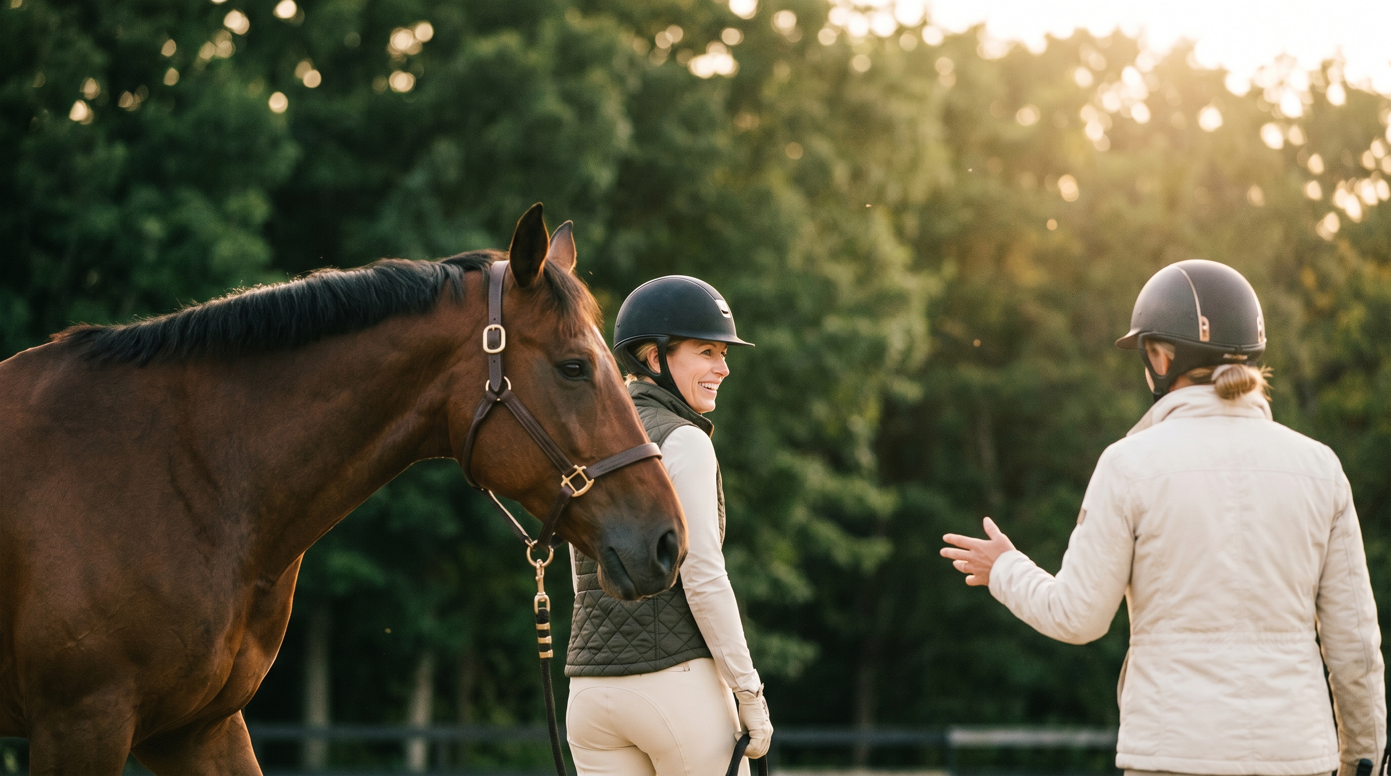 An adult beginner rider standing beside a calm horse with an instructor nearby, at the start of an adult horse riding lesson.