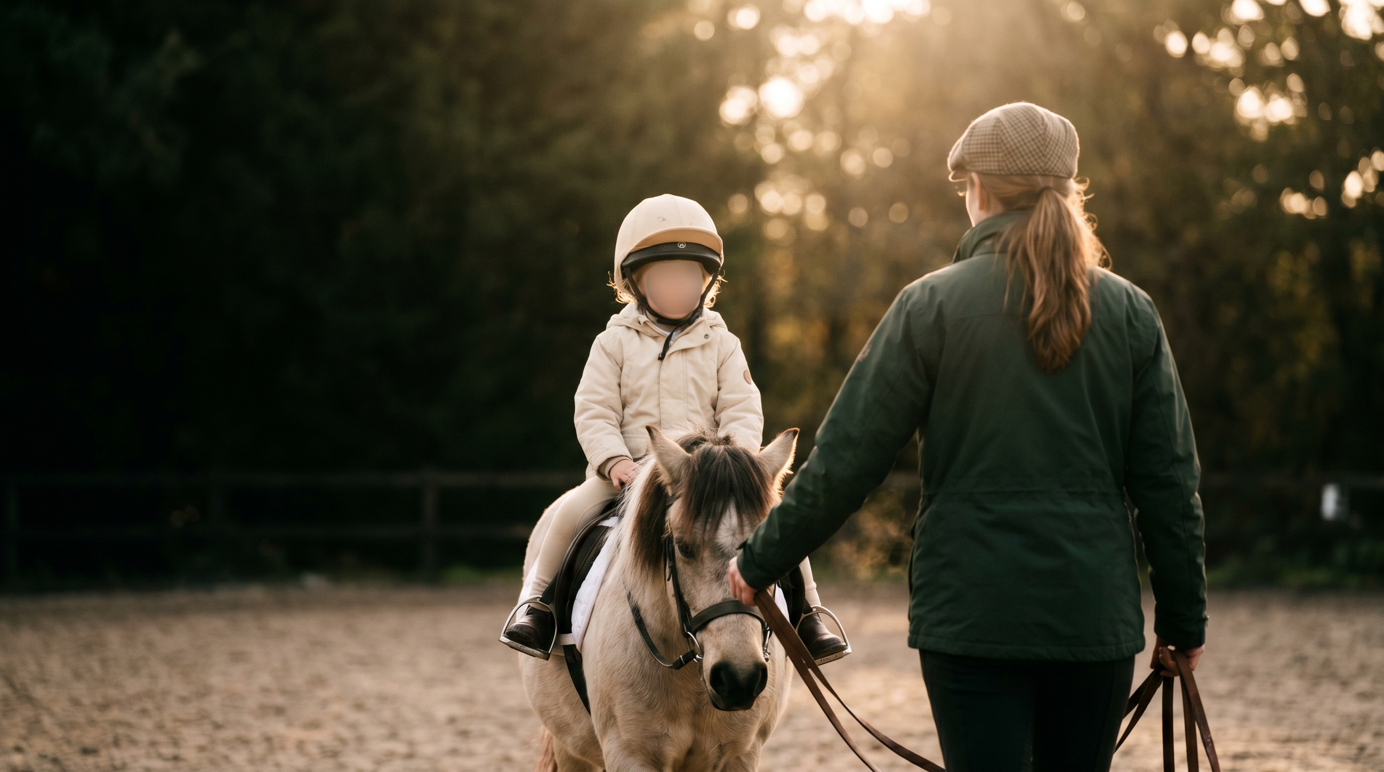 A happy helmeted child on a calm horse with an instructor holding the lead, showing the benefits of horse riding lessons for kids.
