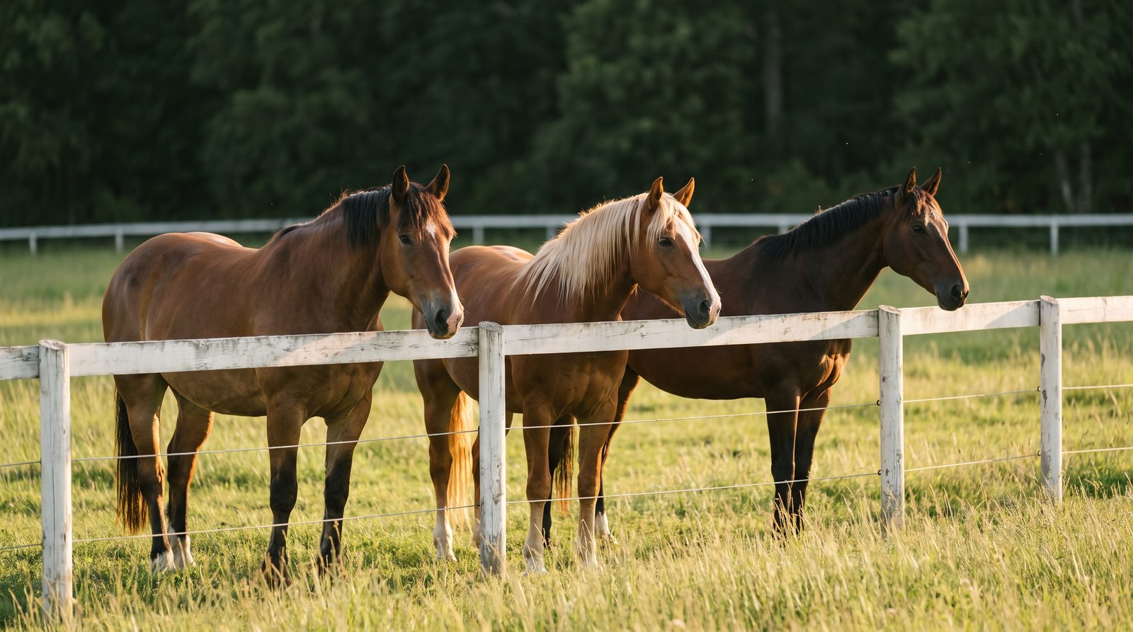 Three calm horses of different breeds standing together at a pasture fence, illustrating the best horse breeds for beginners.