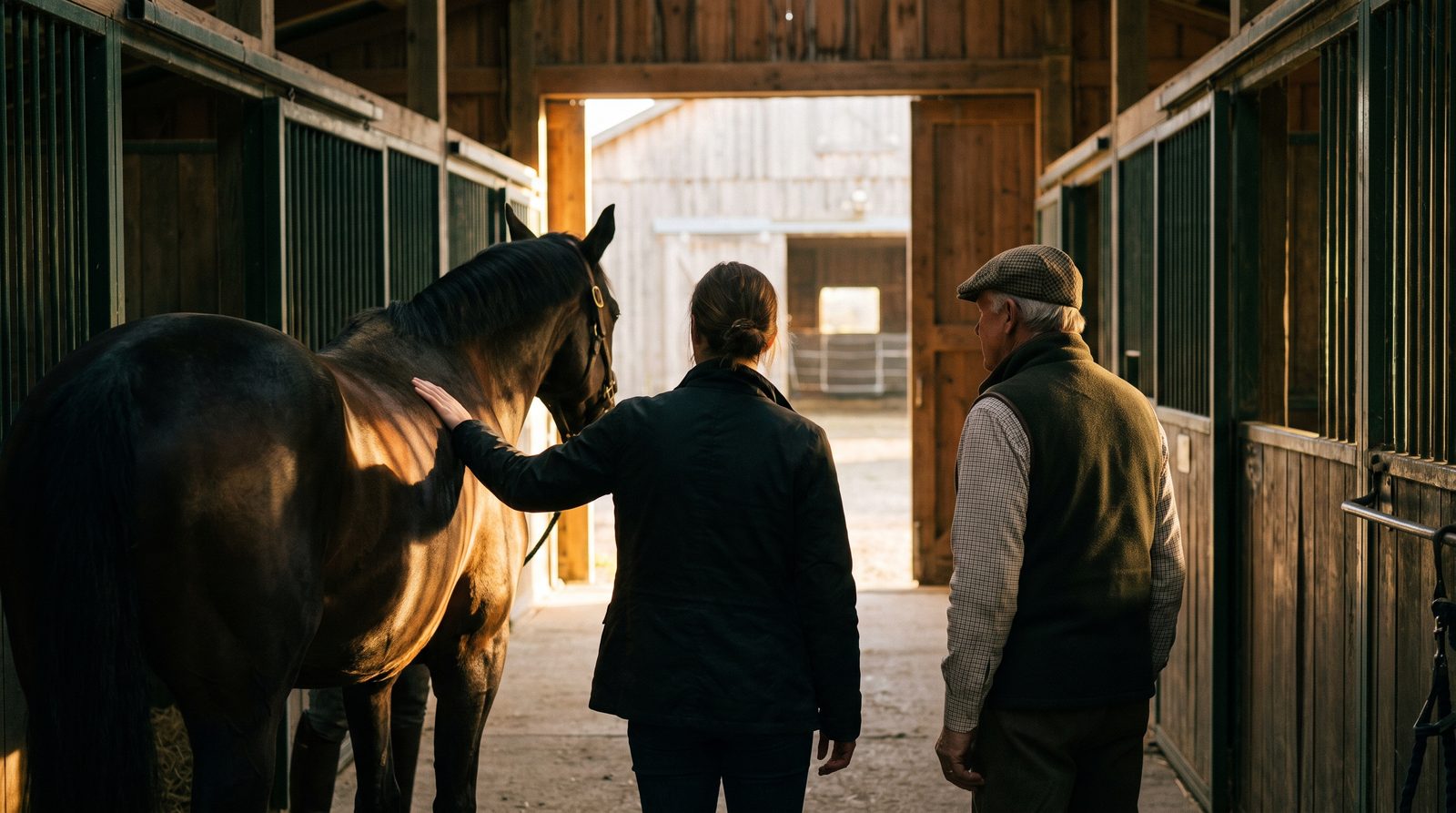A prospective buyer and an experienced horseperson quietly assessing a calm bay horse in a barn aisle, the careful start of buying your first horse.