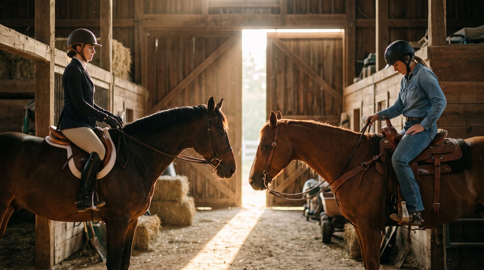 A rider in a flat English saddle beside a rider in a horned Western saddle, illustrating the difference between English vs western riding.