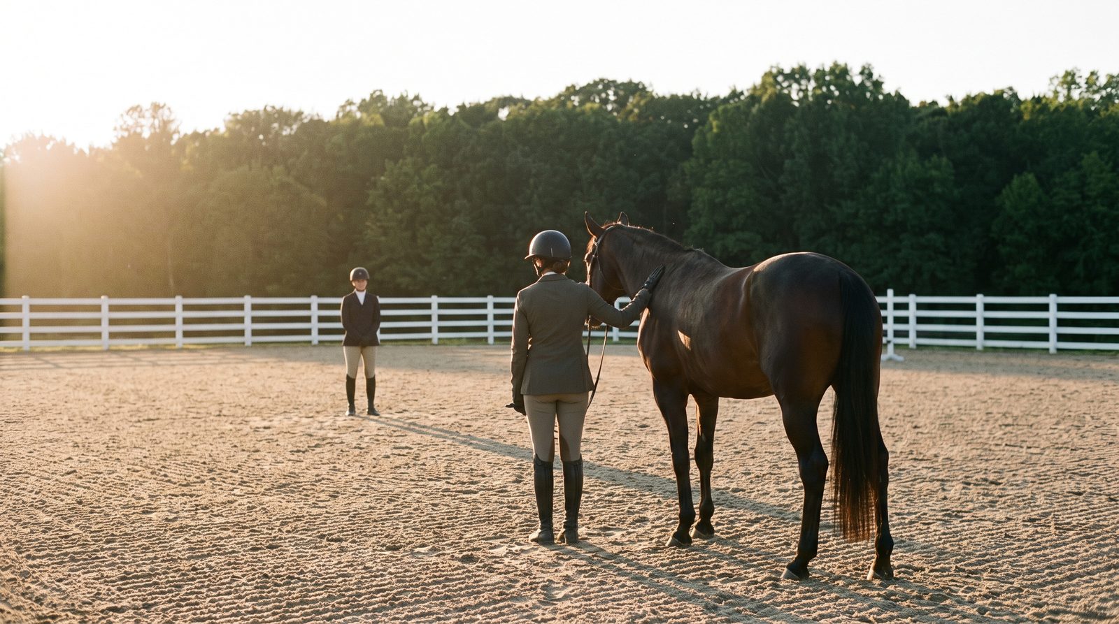 A person standing calmly beside a horse in a sunlit arena, illustrating what equine assisted therapy in NJ can look like.