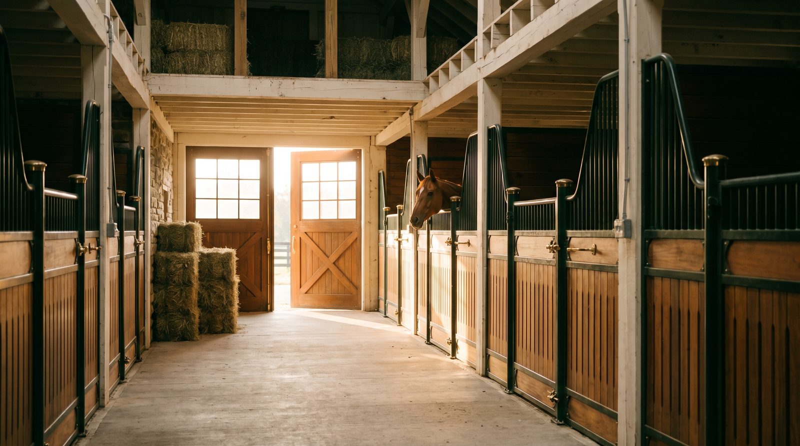 A clean horse barn aisle with tidy stalls, stacked hay, and a chestnut horse looking over a stall door, illustrating what goes into horse boarding cost.