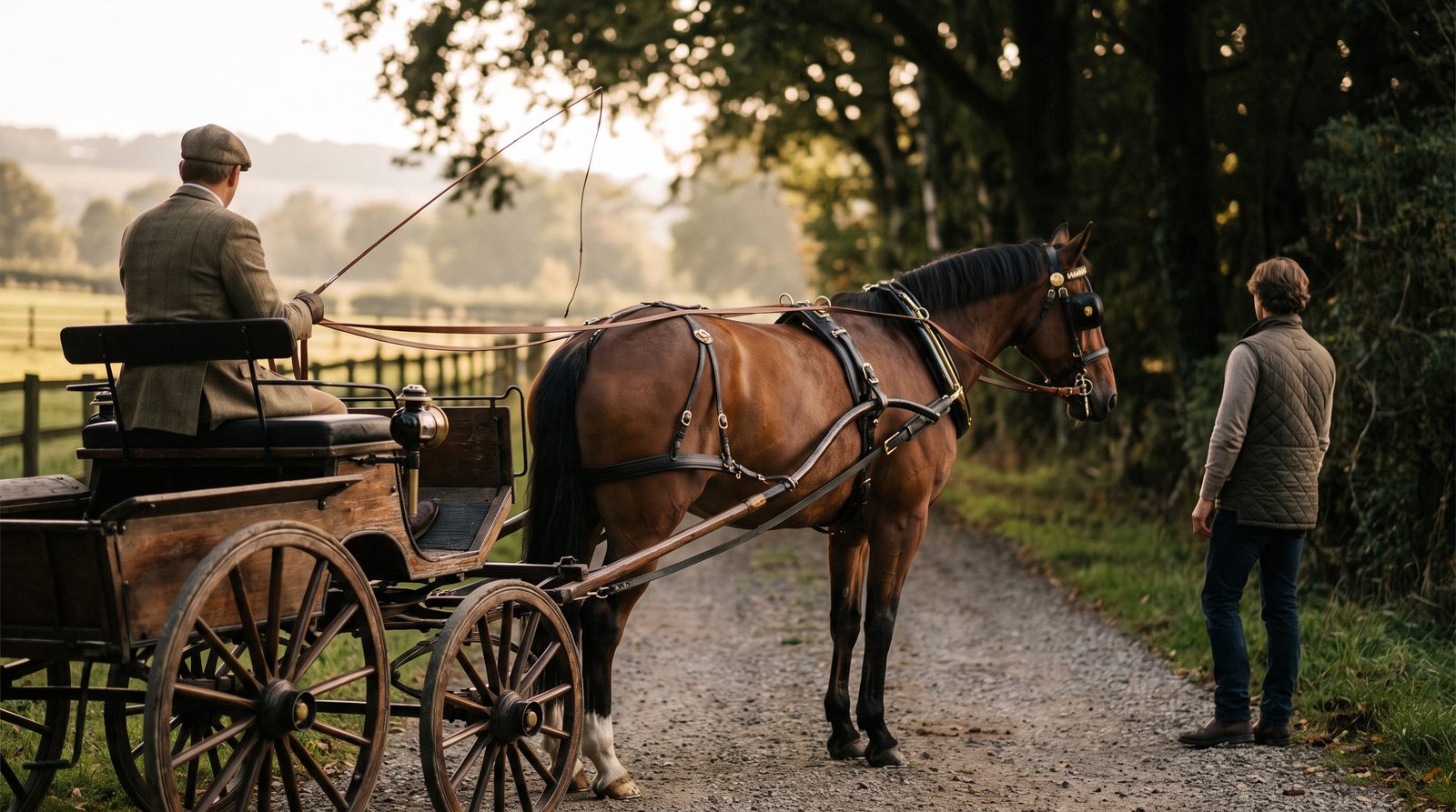 A calm harnessed horse hitched to a two-wheeled cart with a driver holding the lines and an instructor at the horse's head, during a horse driving lesson.