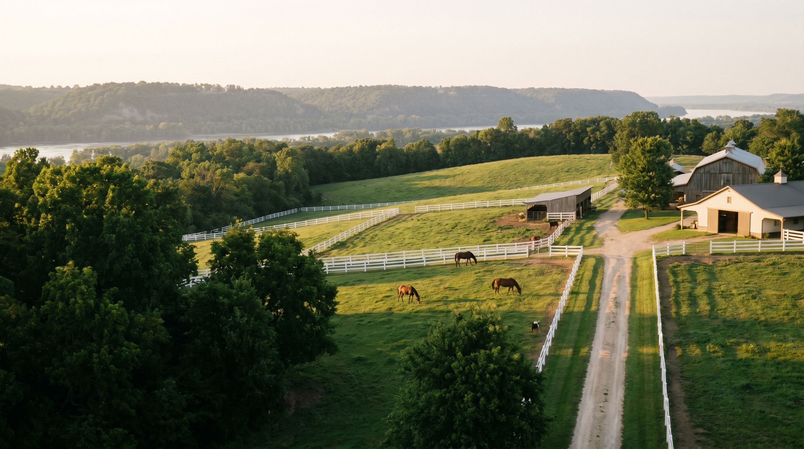 A working horse farm on rolling hills near a river valley, illustrating horse riding lessons near Easton, PA and the Lehigh Valley.