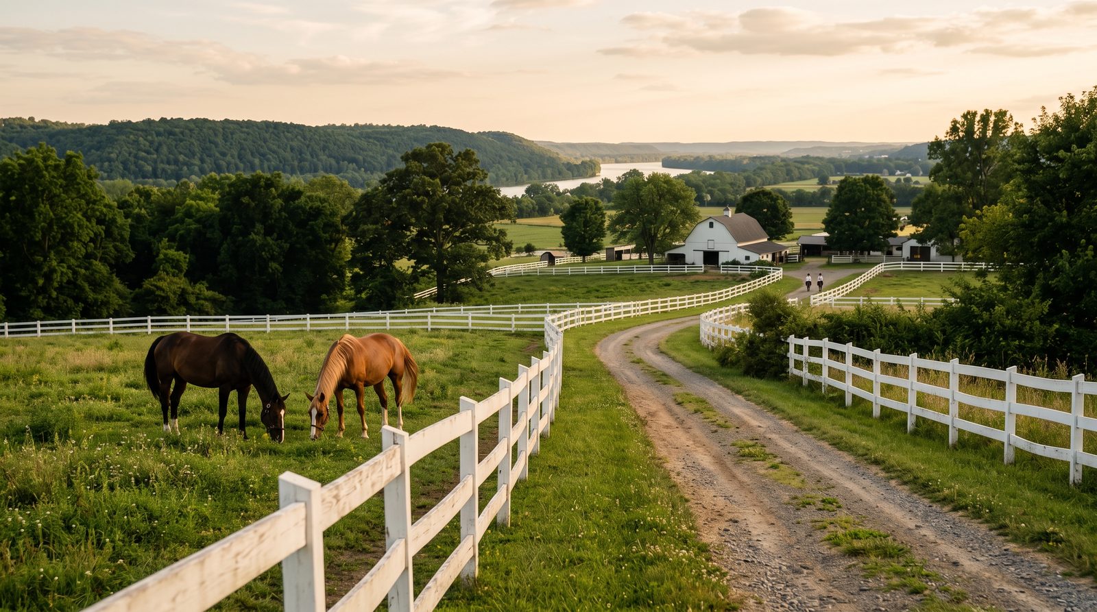 A country lane leading to a working horse farm across a river valley, the drive many Bethlehem, PA families make for horseback riding lessons.