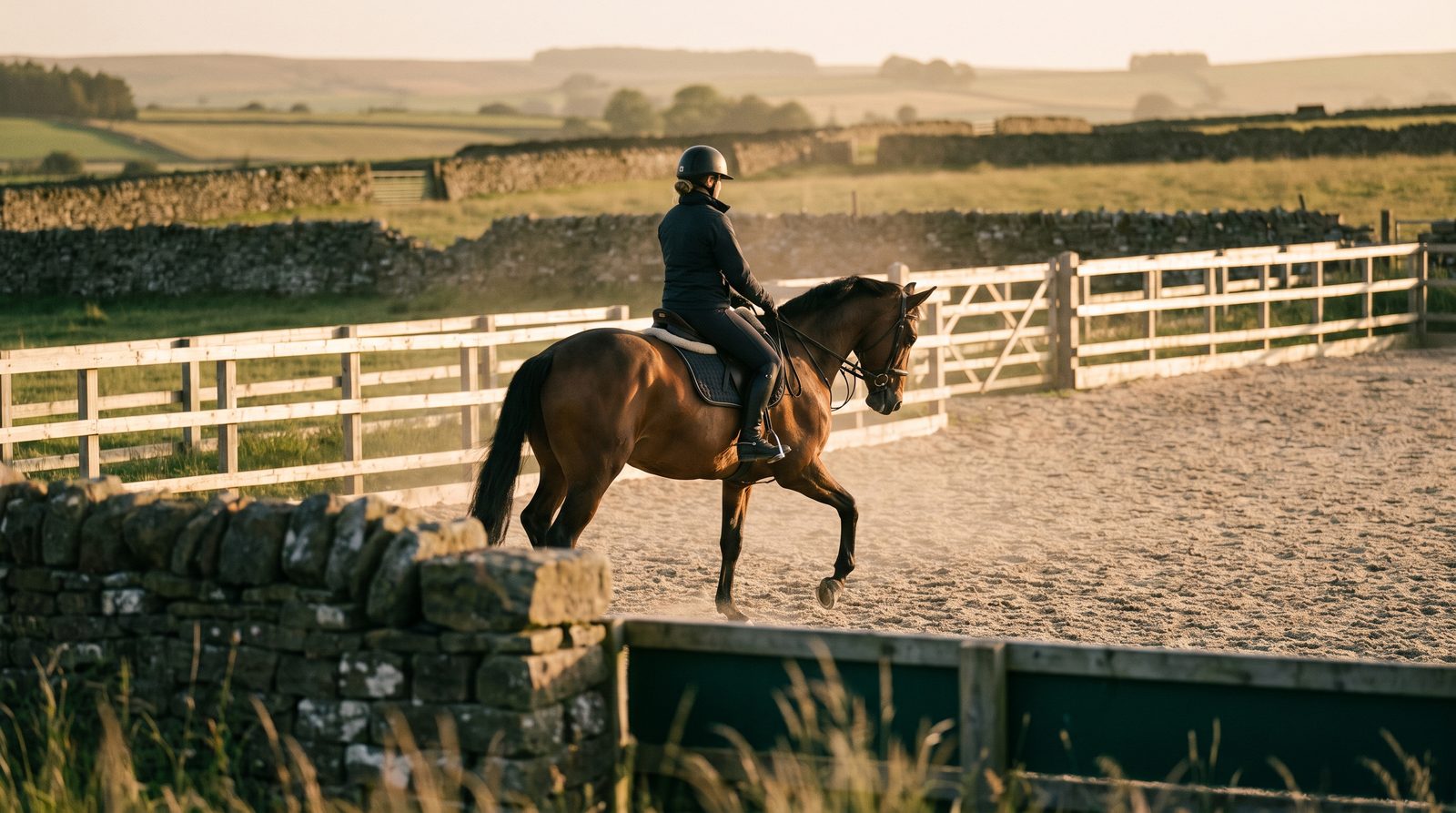 A high-stepping horse working in an upright English seat on rolling farmland, the Saddle Seat discipline Hunterdon County riders travel for.