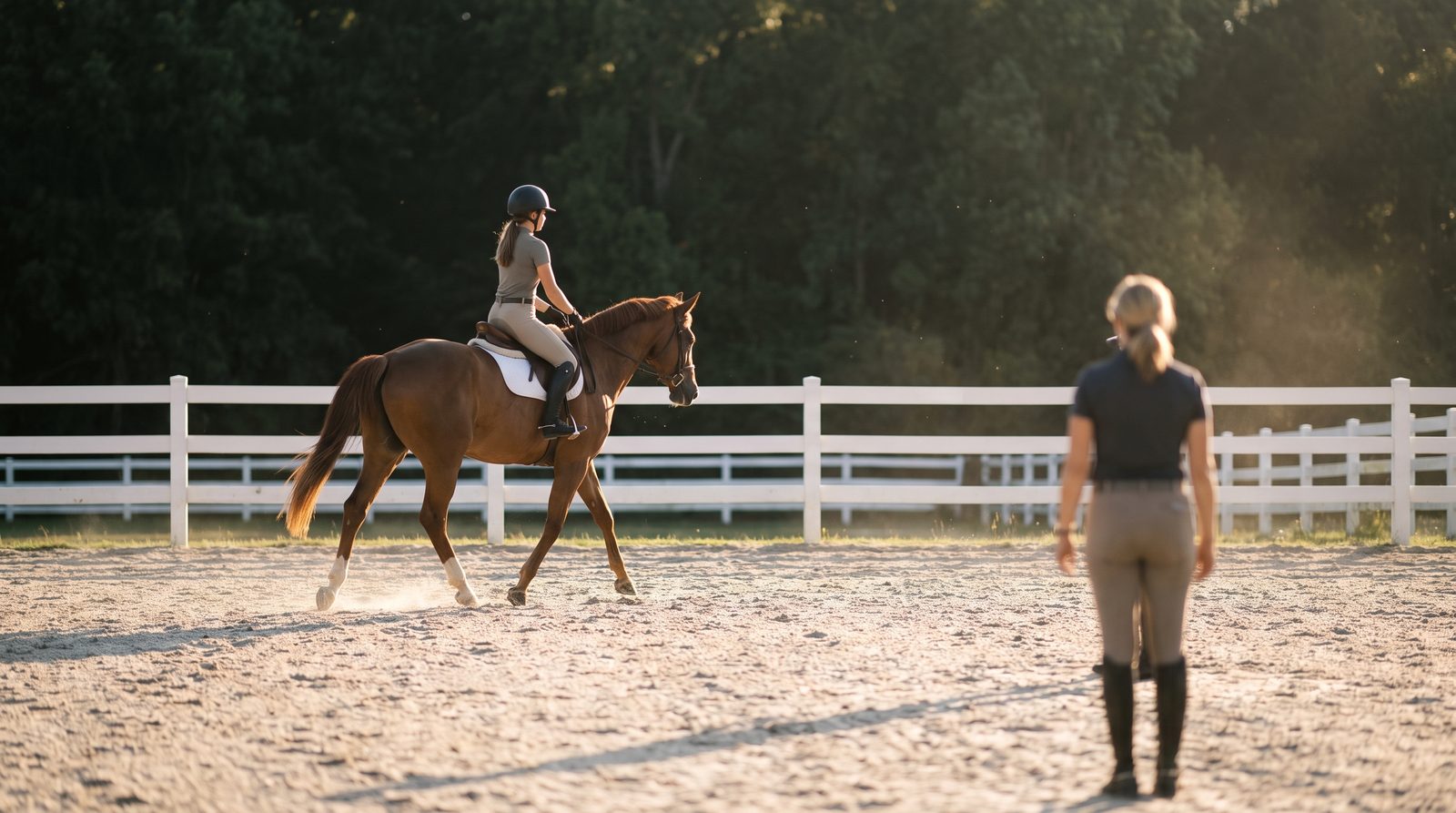 A rider practicing a posting trot in an arena with an instructor watching, showing the steady progress behind how long it takes to learn to ride a horse.