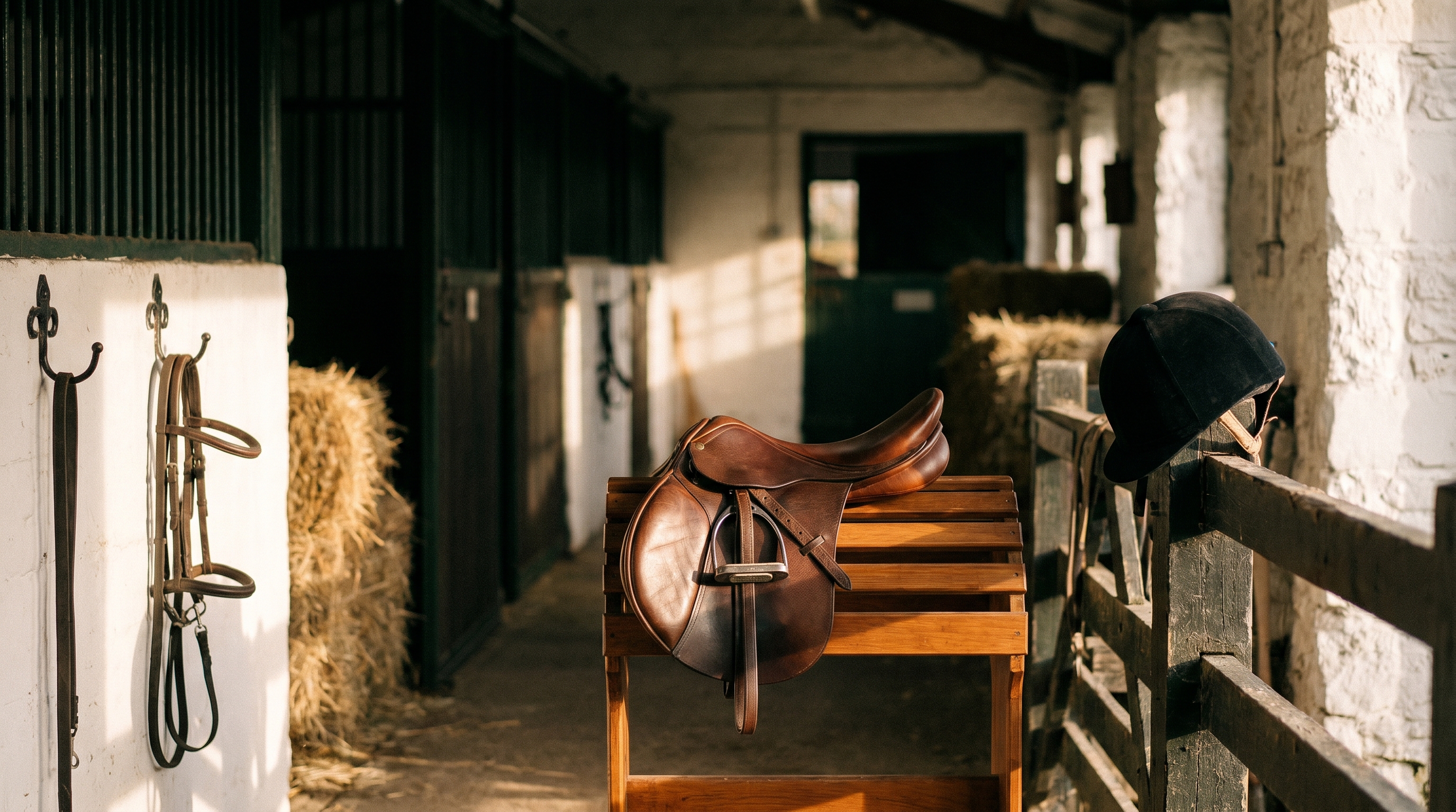 A saddle, bridle, and riding helmet in a sunlit barn, illustrating what goes into the cost of horse riding lessons.