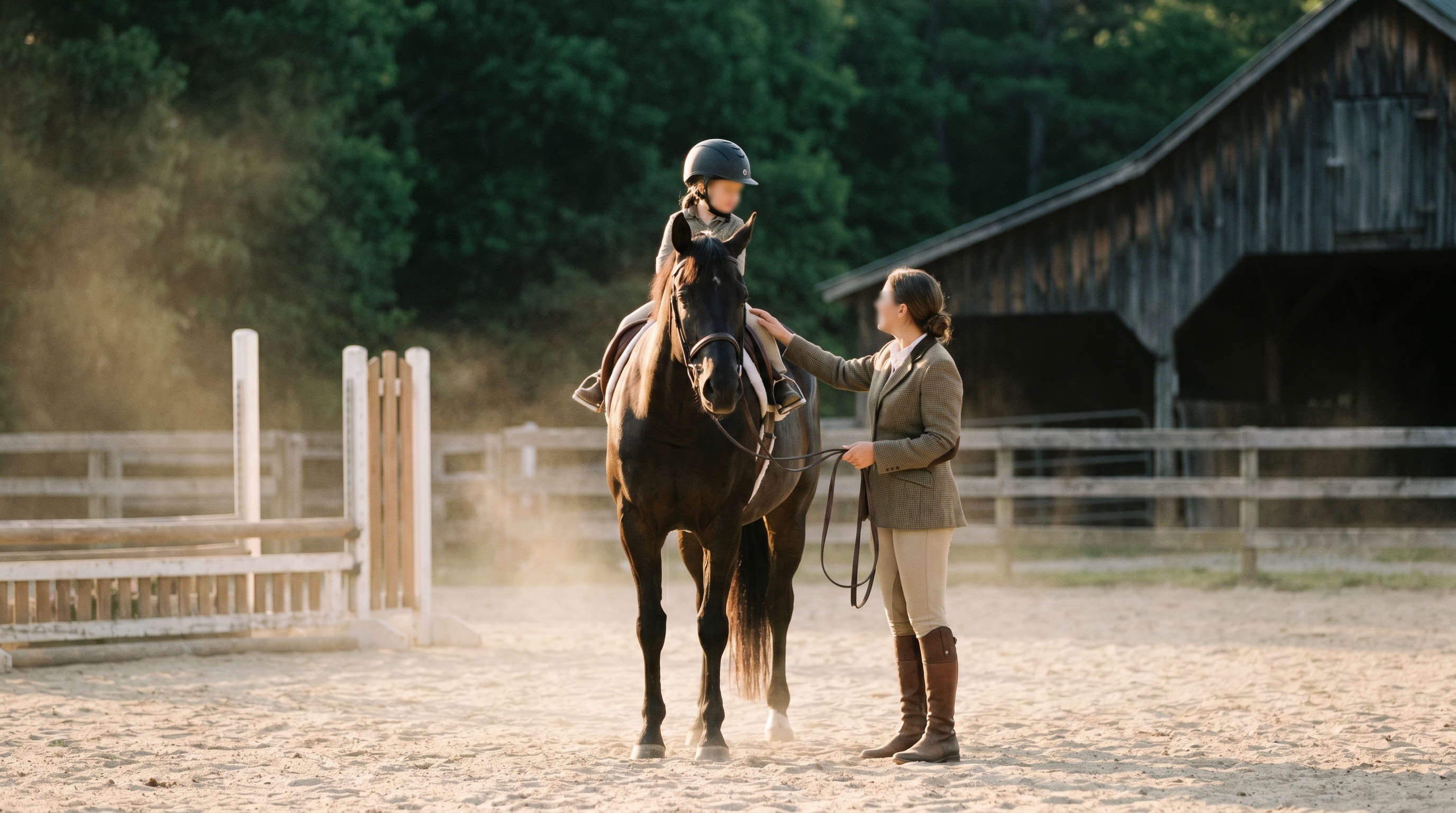 An instructor standing beside a helmeted child on a calm horse, hand on the lead, showing how horse riding is kept safe for beginners