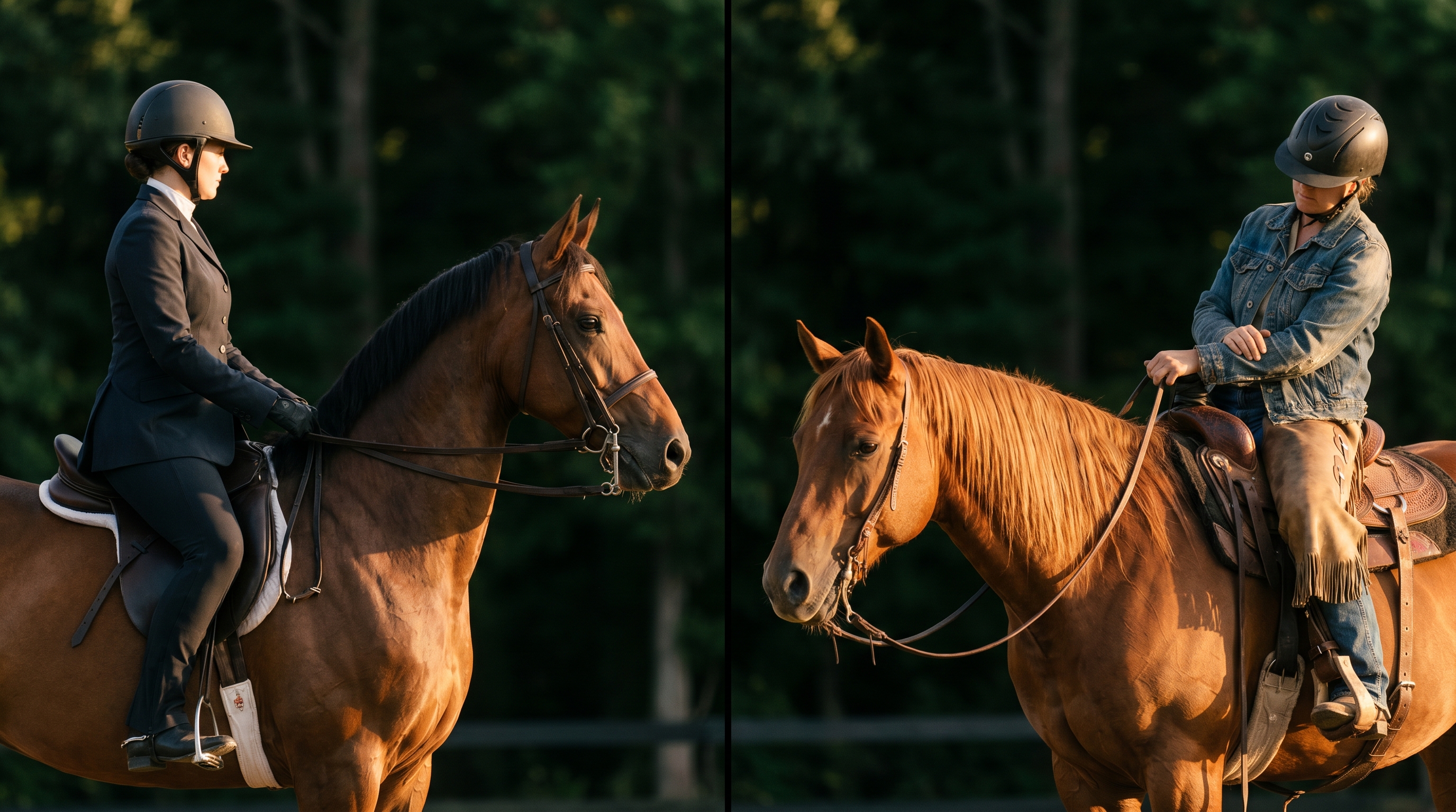 Side-by-side comparison of saddle seat vs western riding: an upright English-style saddle seat rider beside a relaxed western rider in a horned saddle.