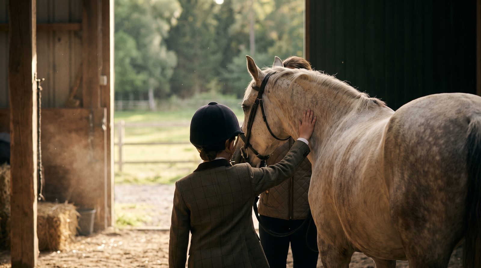 A helmeted child standing quietly beside a patient grey horse with a helper close by, the calm setting of therapeutic riding for autism.