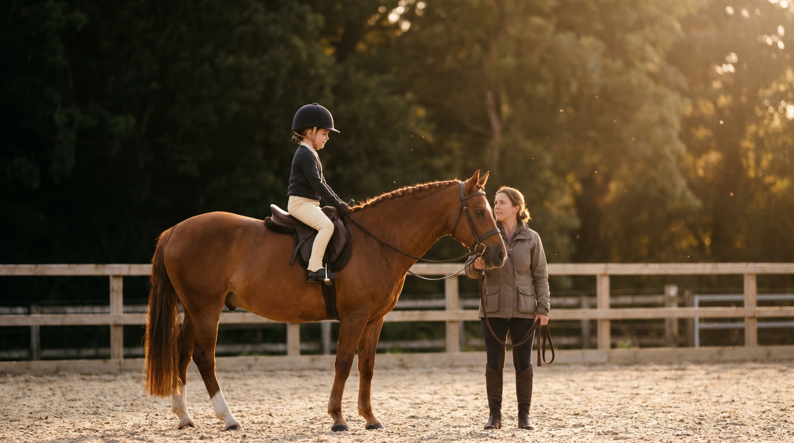 A young child on a calm lesson horse with an instructor holding the lead, illustrating what age kids can start horse riding lessons.