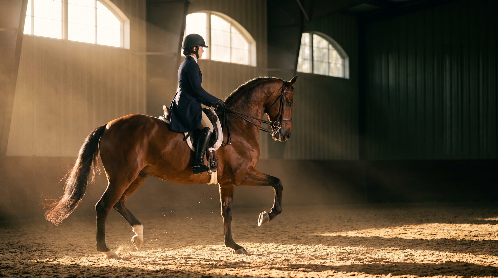 An American Saddlebred at a high, animated trot with an upright rider in a flat cutback saddle, showing what saddle seat riding looks like.