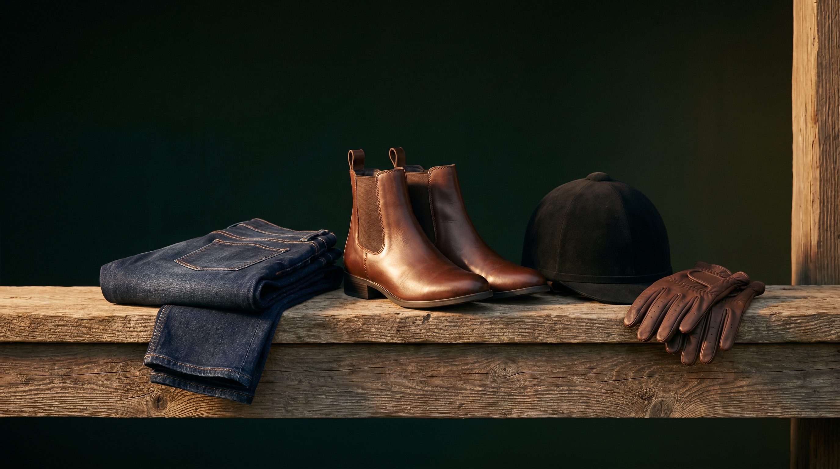 What to wear to a horse riding lesson laid out on a barn rail: jeans, closed-toe boots with a small heel, and a fitted helmet.